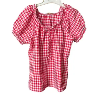 Belle Pogue size L seersucker checked puff sleeve top. Country farm life. thumbnail 2