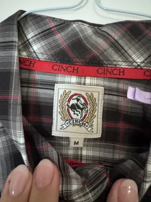 Cinch Button-Down Plaid Men’s Shirt - Black & White with Red Accent thumbnail 2
