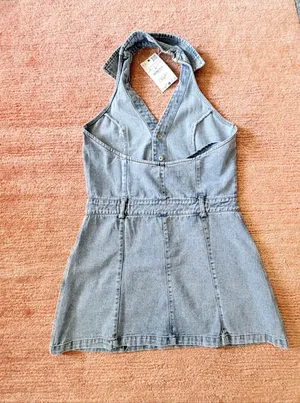 Zara Denim Halter Mini Dress Light Wash Sleeveless Button Front Size M NWT thumbnail 7
