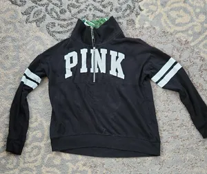 PINK Victoria’s Secret Quarter-Zip Sweatshirt Black White Medium thumbnail 1