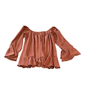 Peppermint Brown Off Shoulder Blouse Top Size Small Ruffle Sleeve‎ Flowy Light thumbnail 2