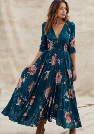 Jaase Maxi Dress XS Teal Floral Boho Autumn Wedding Guest Smocked V-Neck thumbnail 1