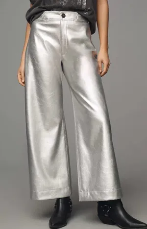 Anthropologie Maeve Women’s The Colette Silver Metallic Wide Leg Pants Size 30 P thumbnail 1