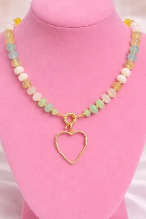 18k gold filled beaded gemstone necklace with hammered gold heart thumbnail 1