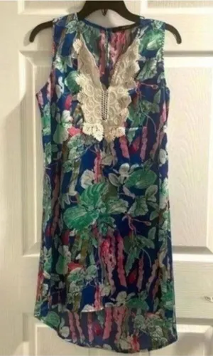 Fun 2 Fun Blue Tropical Lace Bib High Low Vacation Summer Dress thumbnail 1