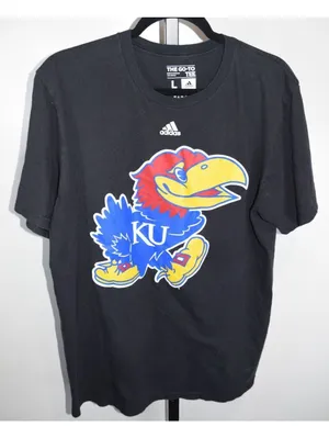 Adidas Kansas Jayhawks KU Black Mascot Logo T-Shirt Size Large Short Sleeve thumbnail 1