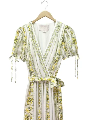 Gal Meets Glam Imogene Maxi Dress Sz 4 Yellow Floral Stripe Wrap Puff Sleeve GMG thumbnail 5