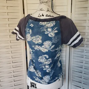 We The Free Blue Floral Raglan Short Sleeve Tee with Gray Sleeves thumbnail 3