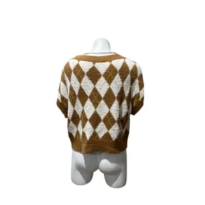 Free People Sweater Vest Womens Petite S Brown Ivory Argyle V-Neck Fuzzy thumbnail 6