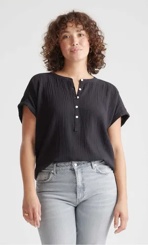 Quince 100% Organic Cotton Gauze Roll Sleeve Shirt Black Large thumbnail 1