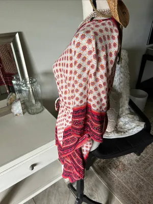 Angie cream, red floral, Boho V-neck, oversized festival tunic blouse M thumbnail 5