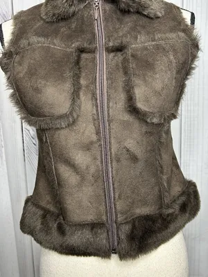 Bebe Faux Fur Suede Vest Womens Sz XS Brown Full Zip Vintage thumbnail 3