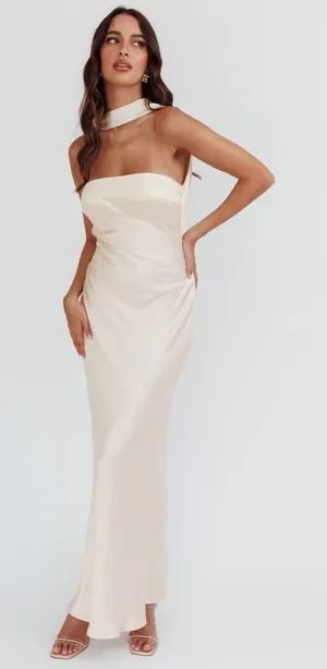 NWT Selfie Leslie Damsel Reverse Halter Maxi Dress Oyster thumbnail 1