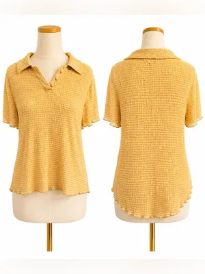 Madewell Textured Stripe Collared Top Women’s Large Yellow Ivory Short Sleeve thumbnail 4