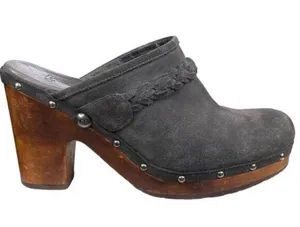 UGG Australia Dark Gray Fleece Kaylee Wooden Platform Clogs Size 9 thumbnail 1