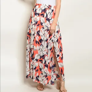 Floral Maxi Skirt Coral Navy High Waist Elastic Waist Side Slit Size Small thumbnail 2