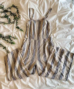 Gypsies & Moondust Linen Blend Striped Jumpsuit Size L – Beige & Blue thumbnail 1