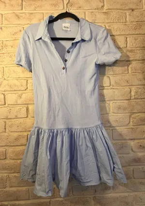 Sky to Moon Blue Ribbed Polo Mini Dress with Ruffle Hem thumbnail 1
