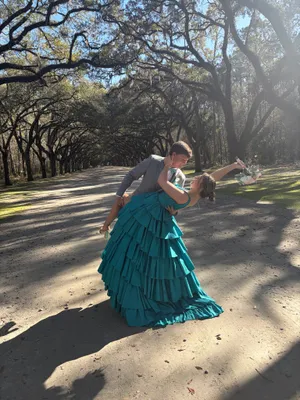 Teal Sherri Hill Ruffled Prom Dress thumbnail 4