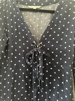 American Eagle Navy Blue Polka Dot Mini Dress Medium Lace Up Long Sleeve Coastal thumbnail 3