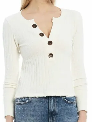 We The Free by free people Cream Ribbed Button-Front Long Sleeve Top thumbnail 1