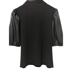 Marc New York Andrew Marc Black Ribbed Mock Neck Faux‎ Leather Puff Sleeve Top L thumbnail 2