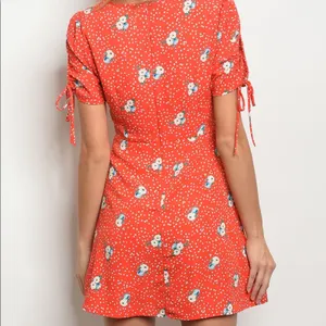 Red Floral Mini Dress Ruched Tie Front Lined Back Zip thumbnail 3