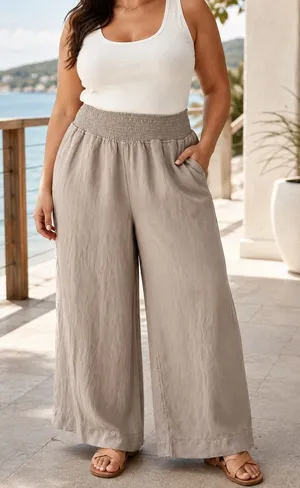 Calypso St. Barth Smocked Linen Blend Wide Leg Pants Womens L Tan Beachy Relaxed thumbnail 1
