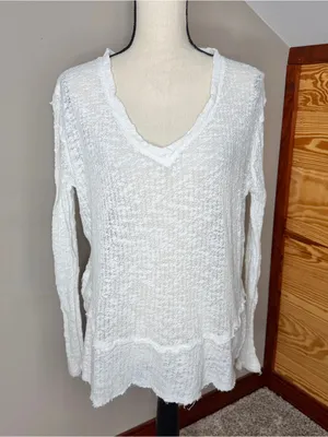 Free People We The Free Ocean Air Hacci Pullover Top Ivory Extra Small XS V-Neck thumbnail 2