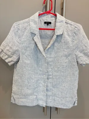 Quince 100% European Linen Blue Pinstripe Short Sleeve Button Up Shirt - small thumbnail 1