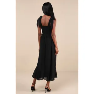 NWT Lulus Summer Invite Black Tie-Strap Tiered Midi Dress Bridesmaid Classy Sz S thumbnail 3