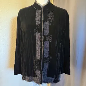 Chicos Black Silk Blend Velvet Beaded Lace Jacket Mandarin Collar Size 2‎ thumbnail 4