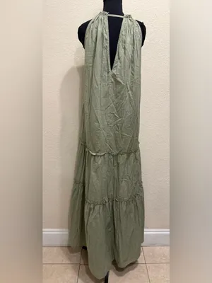 Zara Tiered Maxi Dress Halter Tassel Open Back Boho Resort Vacation XS Sage thumbnail 6