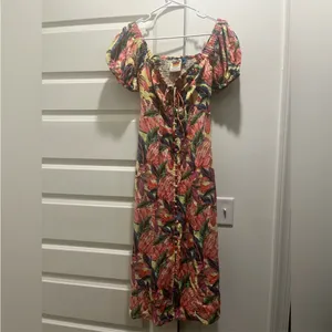Farm Rio x Anthropologie Puff-Sleeve Sweetheart Linen‎ Midi Dress size XS thumbnail 5