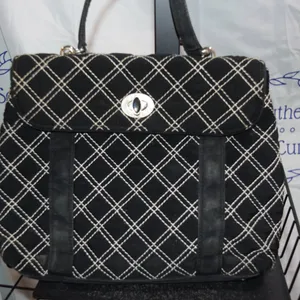 VERA BRADLEY SPECTATOR PURSE, MICROFIBER, BLACK, WHITE STITCHING, QUILTED thumbnail 1