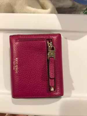 kate spade fuchsia pebbled leather bifold wallet with gold spade logo thumbnail 4