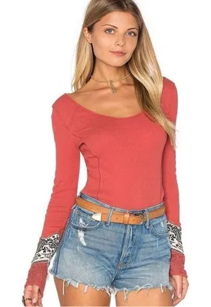 We the Free | Free People faded red thermal bandana cuff long sleeve shirt S thumbnail 1