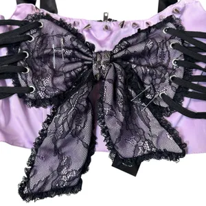 Dolls Kill Bow Lace Up Corset Top Size S Purple Black Ribbon Spikes Safety Pin thumbnail 2