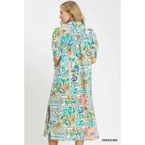 Umgee Folk Print Midi Dress with‎ Side Pockets - Small thumbnail 3