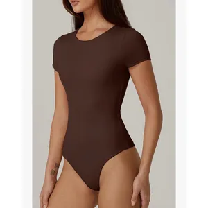 QINSEN‎ Women's Small Crew Neck Short Sleeve Bodysuit Double Lined Shirt Brown thumbnail 2