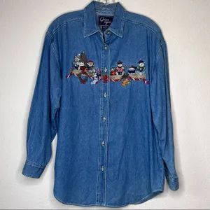 Vintage Quizz Again Denim Embroidered‎ Christmas Bear Shirt thumbnail 5