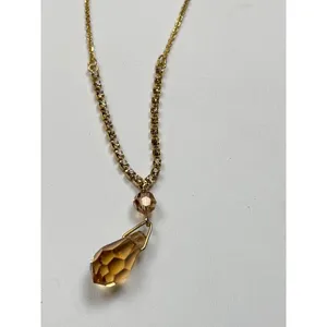 Gold Rhinestone Necklace With Amber Crystal Drop Pendant thumbnail 4