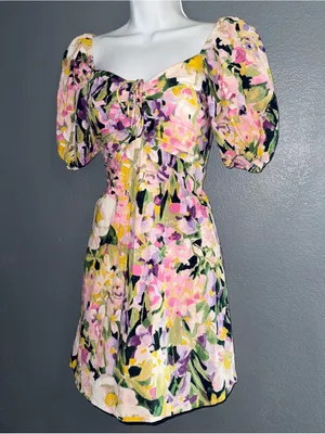 H&M Women’s Floral Cotton Pink Short Sleeve Spring Mini Dress Small thumbnail 3