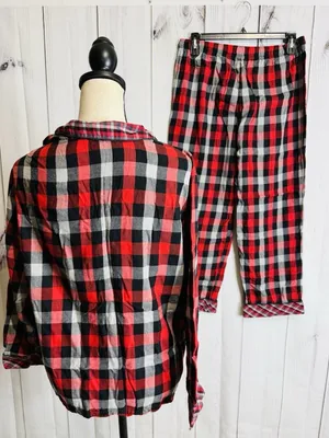 Victoria Secret Pajama Set Sz L Red Black Plaid Button Up Top Drawstring Pants thumbnail 5