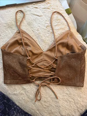 Lulus Sparkly Cropped V Neck Lace Up Back In Bronze Gold Size Small thumbnail 3