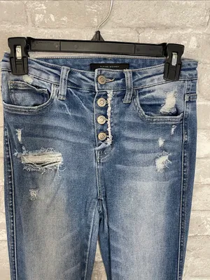 Vervet Flying Monkey Medium Blue Distressed Button-Fly High Rise Flare Jeans thumbnail 2