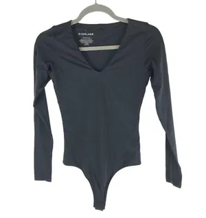 Everlane Womens The Long-Sleeve V-Neck Bodysuit Black Thong XS thumbnail 3