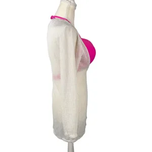 Mesh Swim Cover Up Womens Large Cream Deep Scoop Open Back Beach Dress thumbnail 4