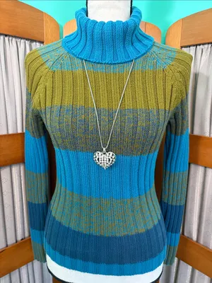 Cozy Striped Cowl Neck Sweater in Teal and Olive thumbnail 1