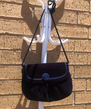Dark purple velvet crossbody shoulder purse bag clutch rope trim tassel and snap magnetic closure thumbnail 1